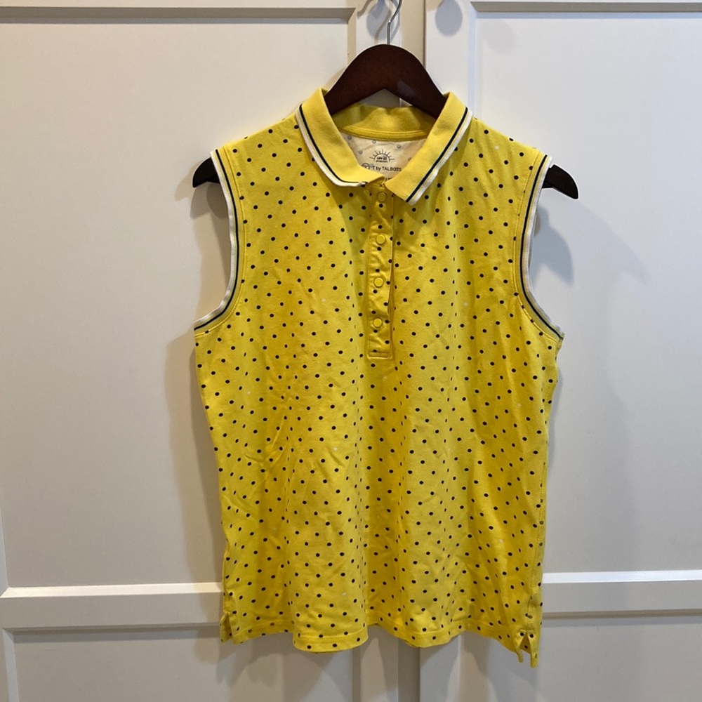 Talbots Sleeveless Knit Shirt Yellow with Black Polkadots